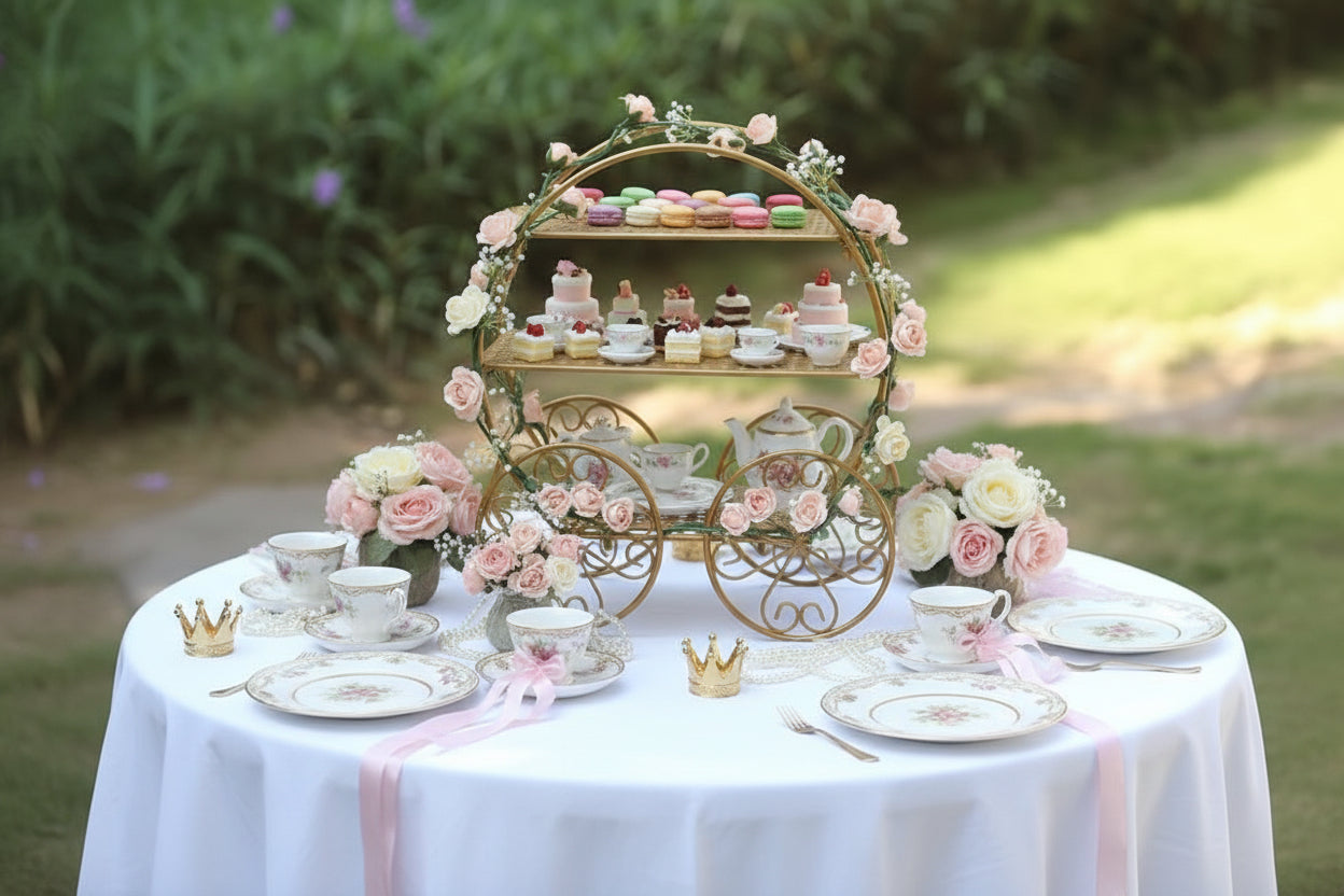 Decorative gold metal cart with a blurred outdoor background