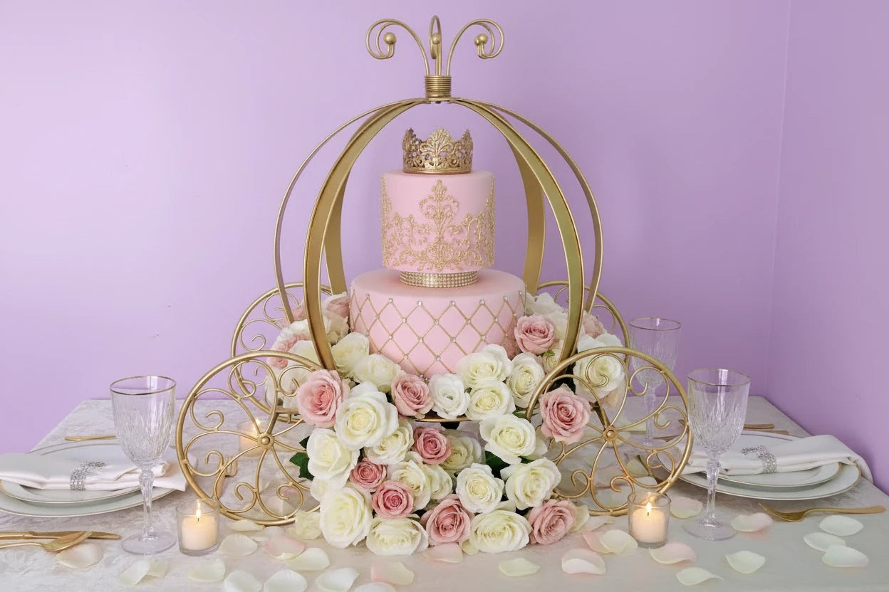 White cake with gold crown on a decorative gold carriage against a light blue background