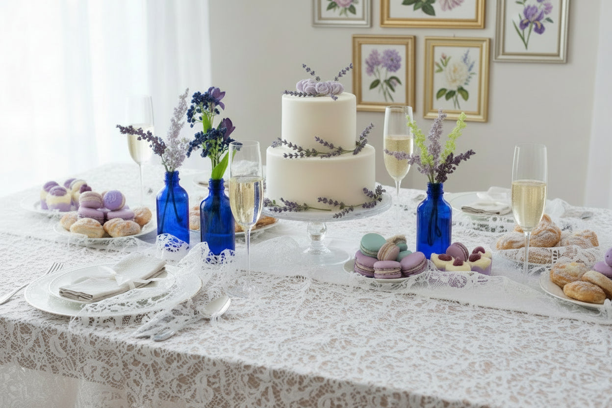 Four blue glass bottles with floral arrangements on a white background