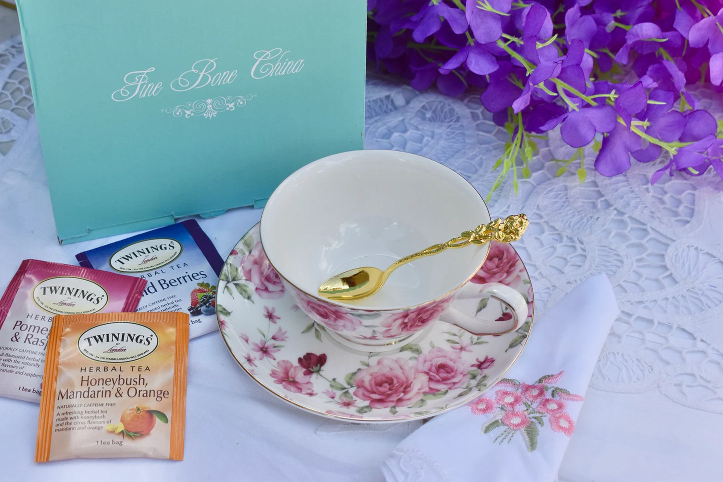 Floral White Chintz Teacup Gift Set