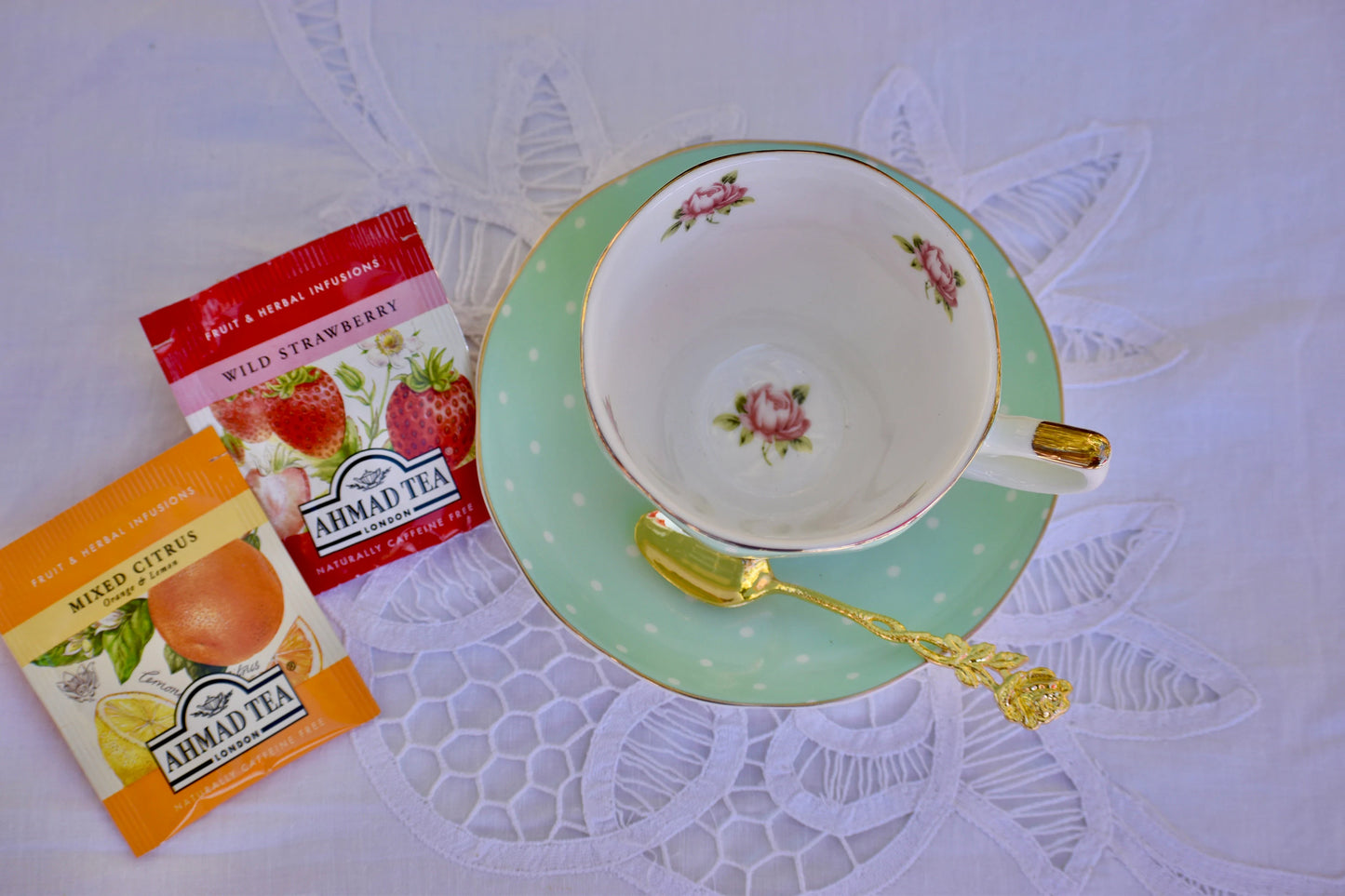 Polka Rose in Green Teacup Gift Set