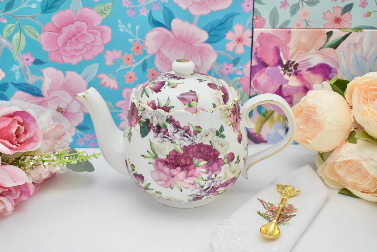 Burgundy Flowers Teapot