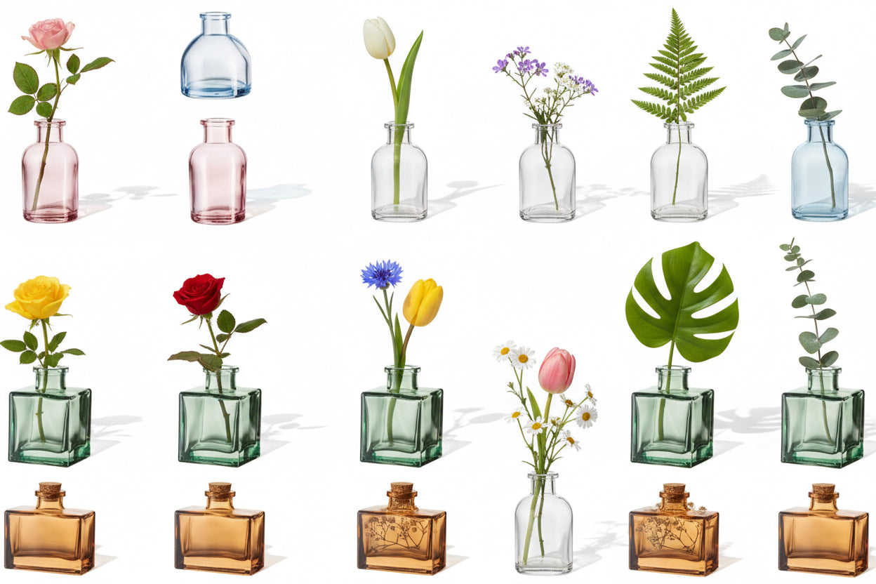 Collection of colorful glass bottles arranged in a grid on a white background