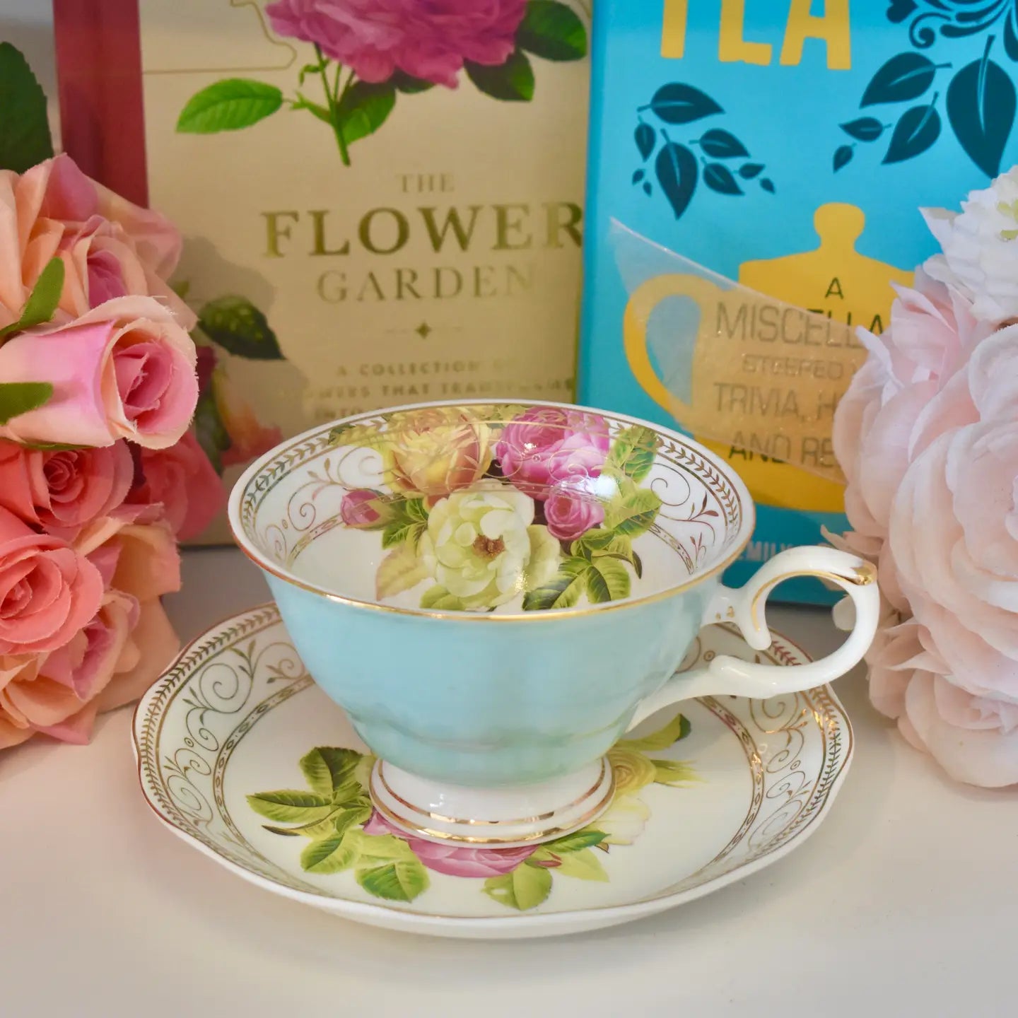 Bouquet of Roses Mint Green Teacup Gift Set