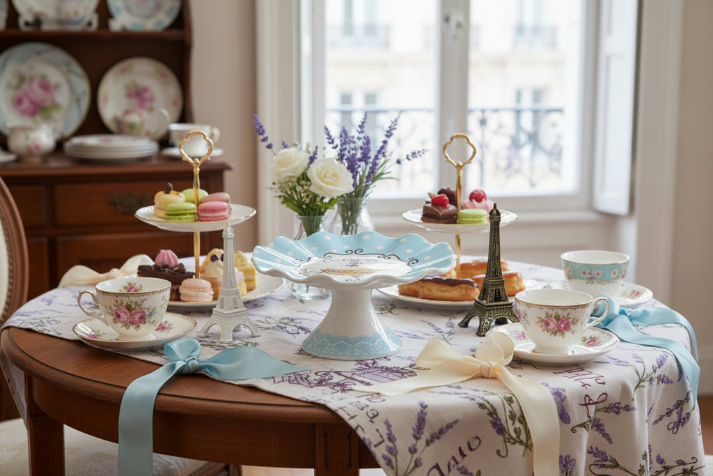 Decorative cake stand with 'Cafe de Paris' design on a white background