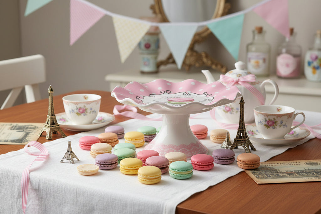 Decorative cake stand with pink and white design on a white background