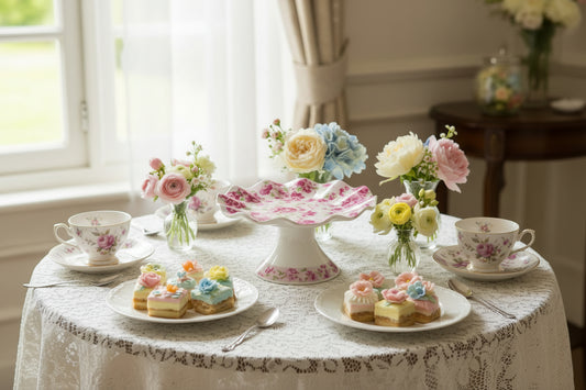 Floral-patterned cake stand on a light gray background