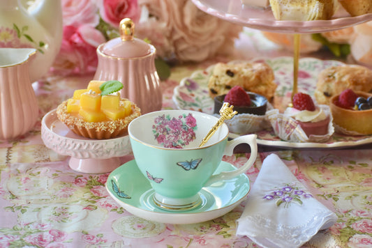 Peony Flowers on Green Teacup Gift Set
