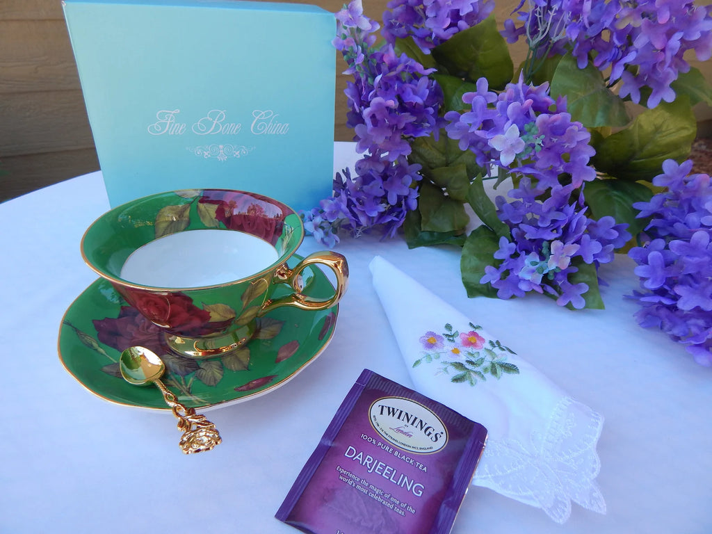 Regency Roses on Green Teacup Gift Set