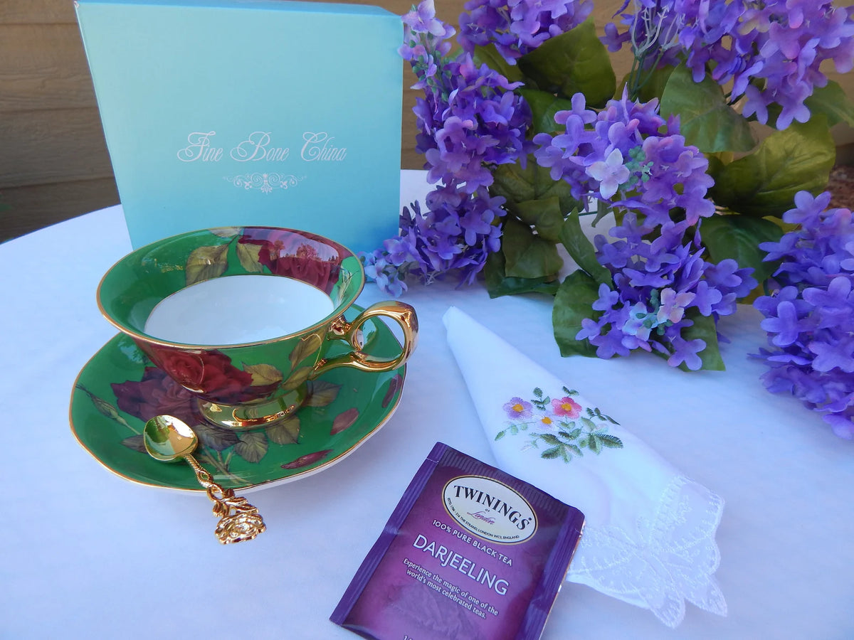 Regency Roses on Green Teacup Gift Set