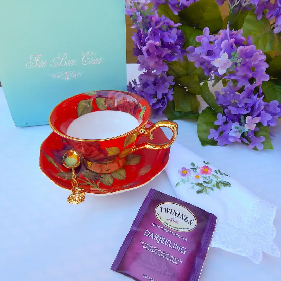 Regency Roses on Red Teacup and Saucer