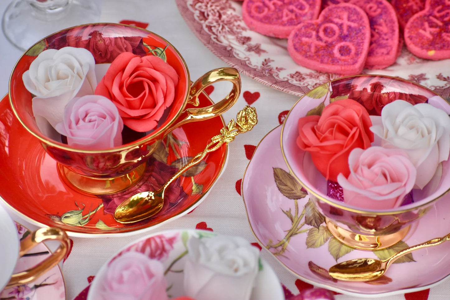 Pink and Gold with Red Roses Teacup and Saucer