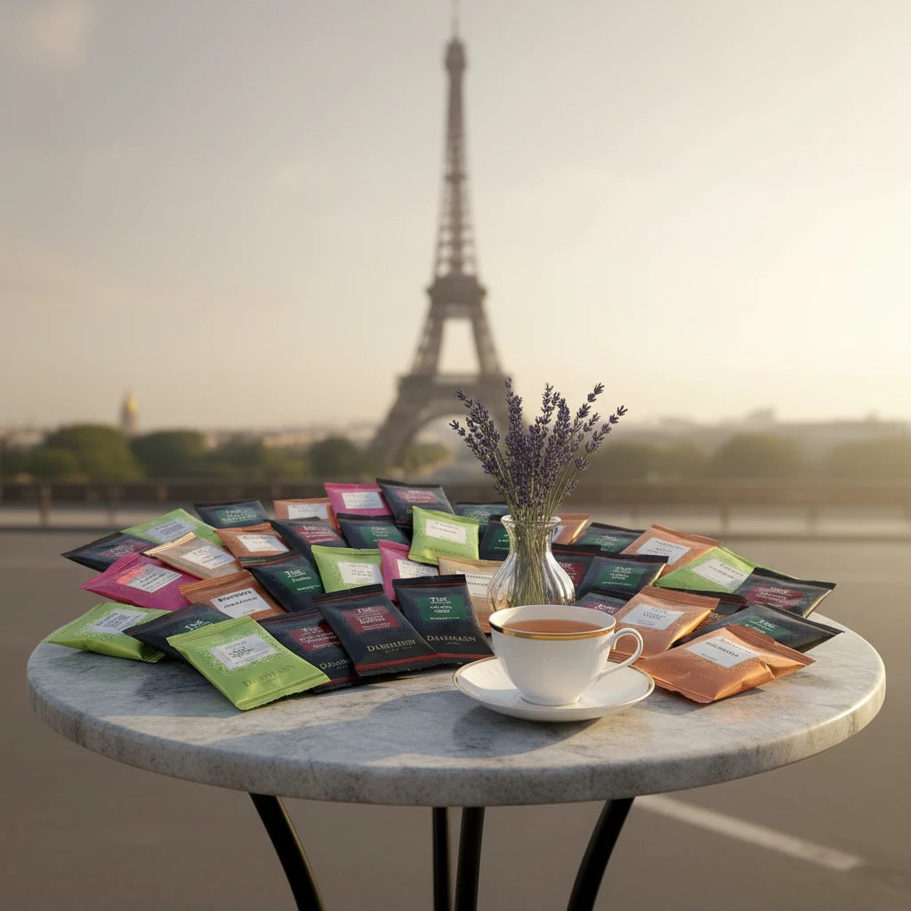 Assorted tea packages with various flavors and brands.