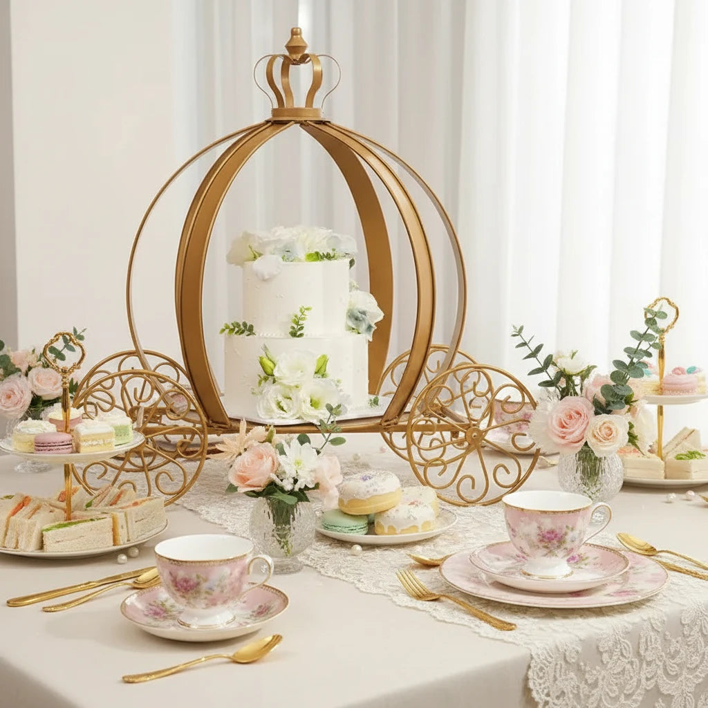 Decorative cake stand with a cake and pastries on a table.
