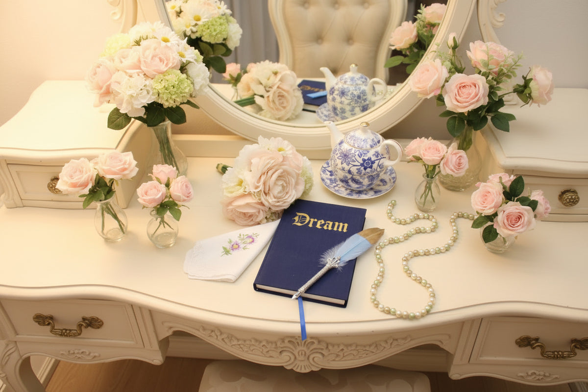 Notebook with 'Dream' on cover, feather pen, teacup, and flowers on a white background