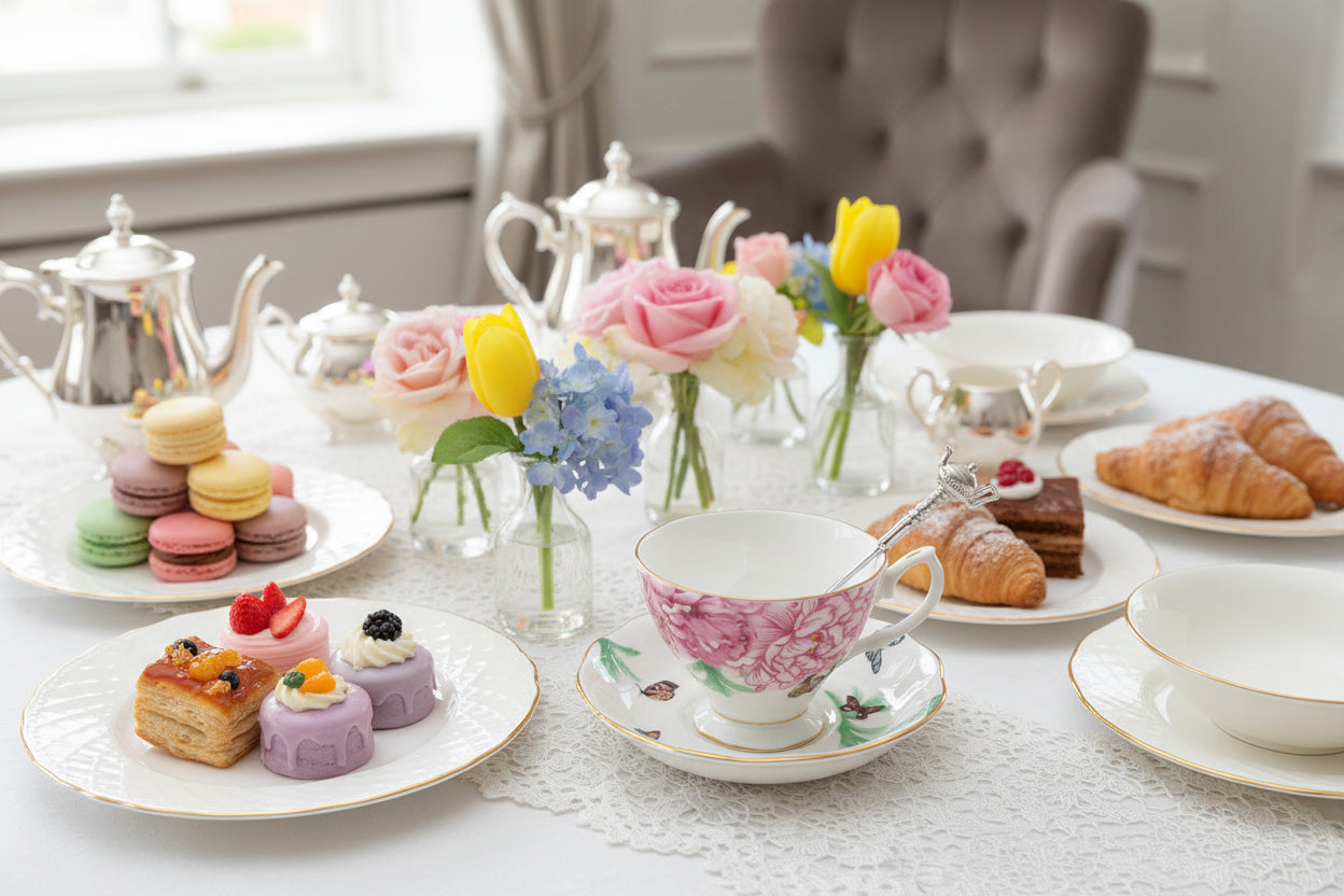Floral teacup and saucer with a decorative box on a white surface