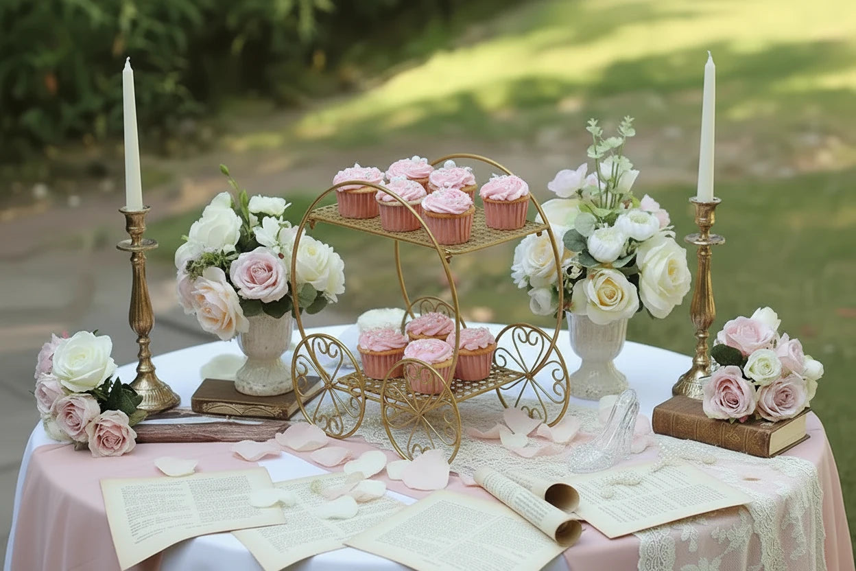 Gold carriage-style dessert stand with cupcakes on a white table outdoors.