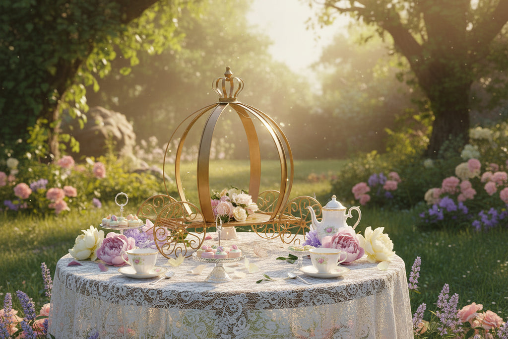 Gold fairy tale carriage with decorative wheels on a white background