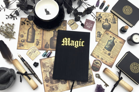 Black notebook with 'Magic' on it, surrounded by vintage-style posters and a teacup.