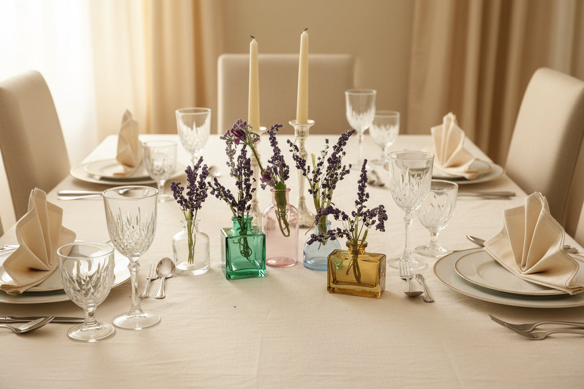 Set of colorful glass vases with lavender flowers on a white background