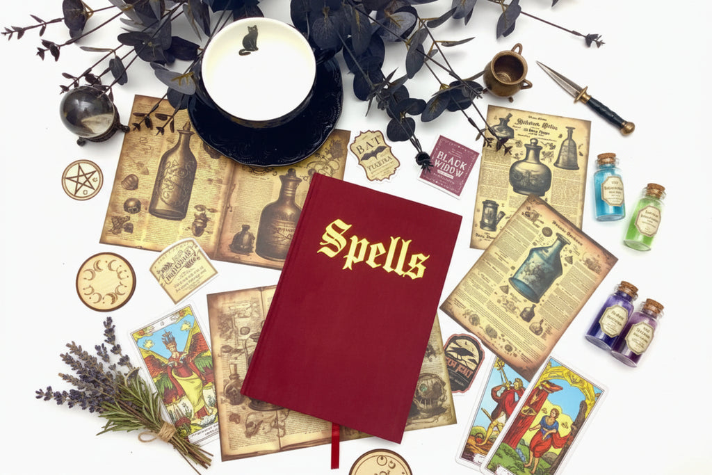 Red notebook with 'Spells' on it surrounded by vintage-style potion labels and a candle.