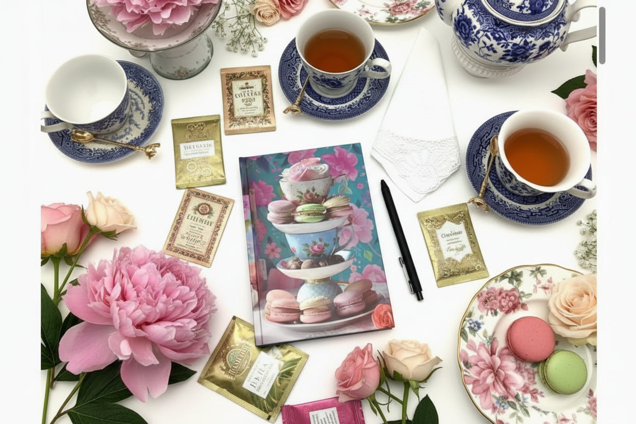 Notebook with a tea-themed cover on a table with tea cups and saucers.