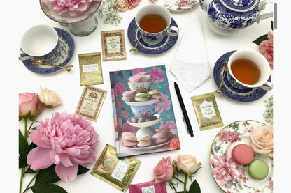 Notebook with a tea-themed cover on a table with tea cups and saucers.