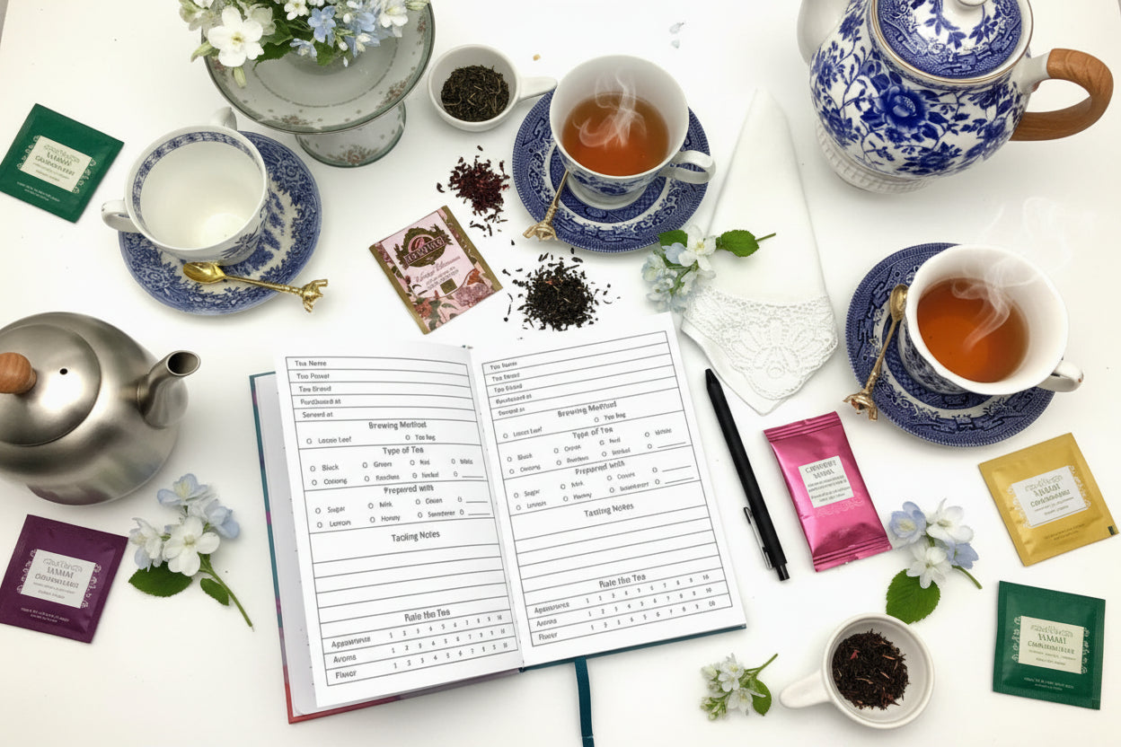 Tea tasting notes book with tea packaging and teacups on a white surface