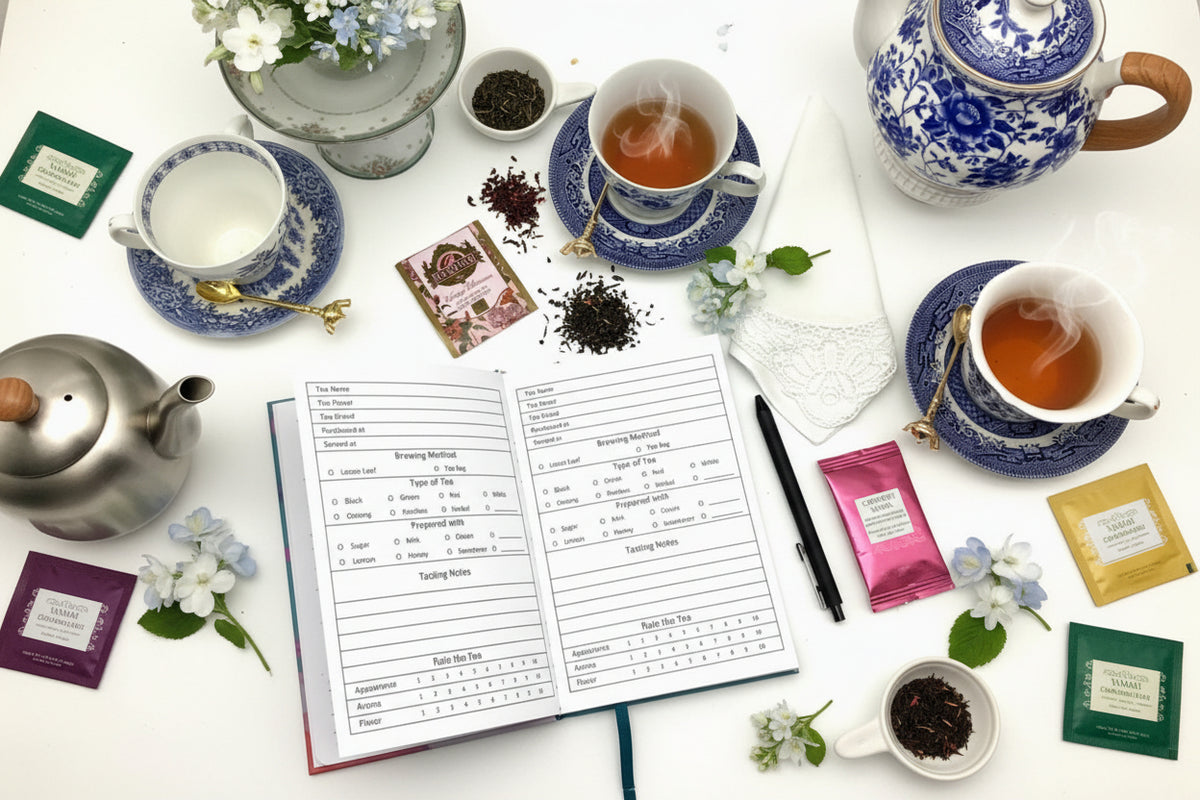 Tea tasting notes book with tea packaging and teacups on a white surface