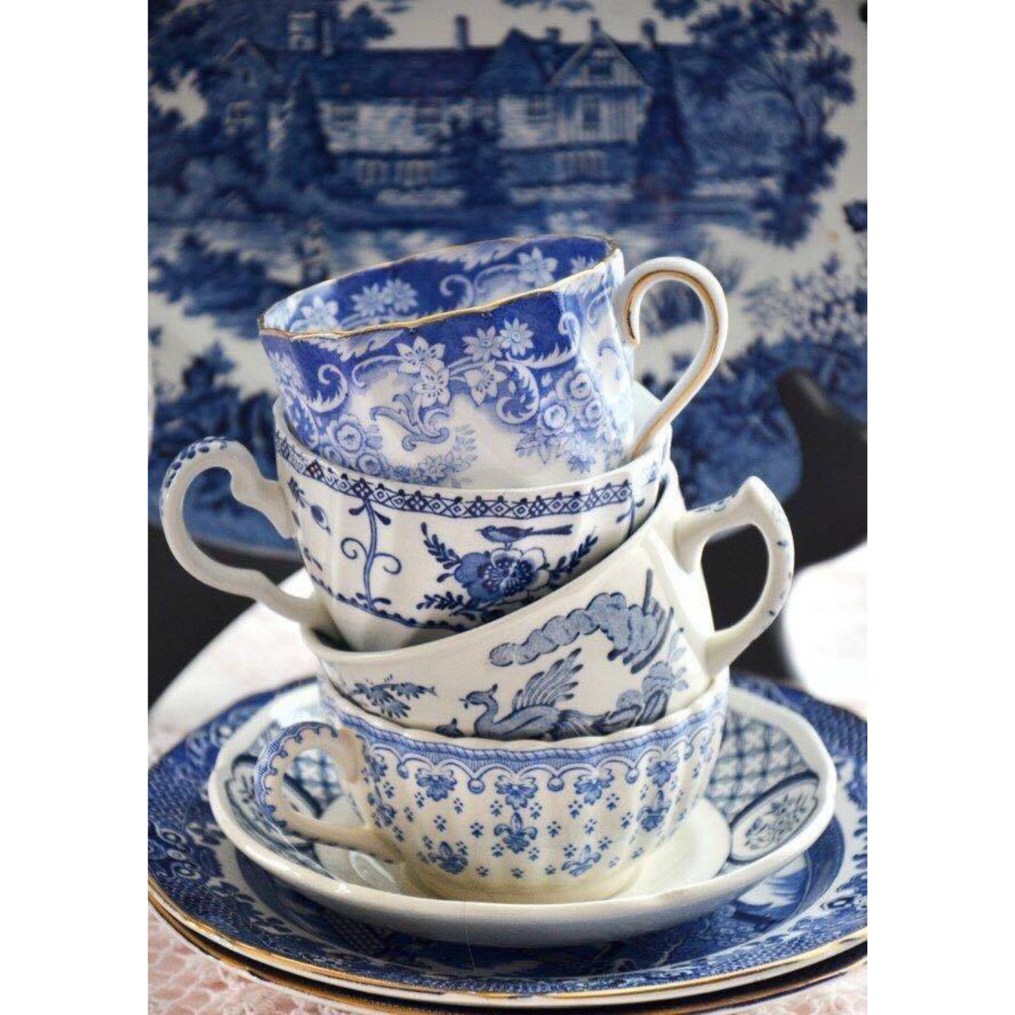 Mismatched Blue  White Teacups