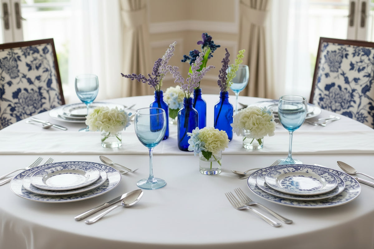Four blue glass bottles with floral arrangements on a white background
