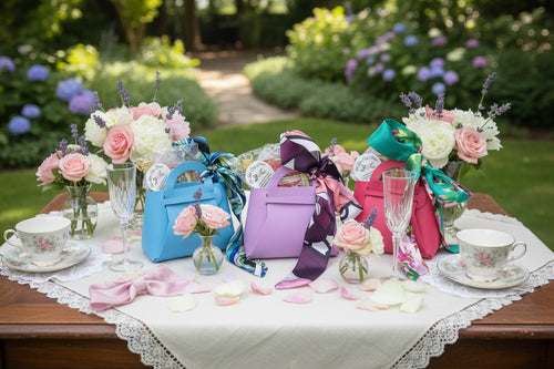 Three small handbags with colorful scarves draped over them on a white background