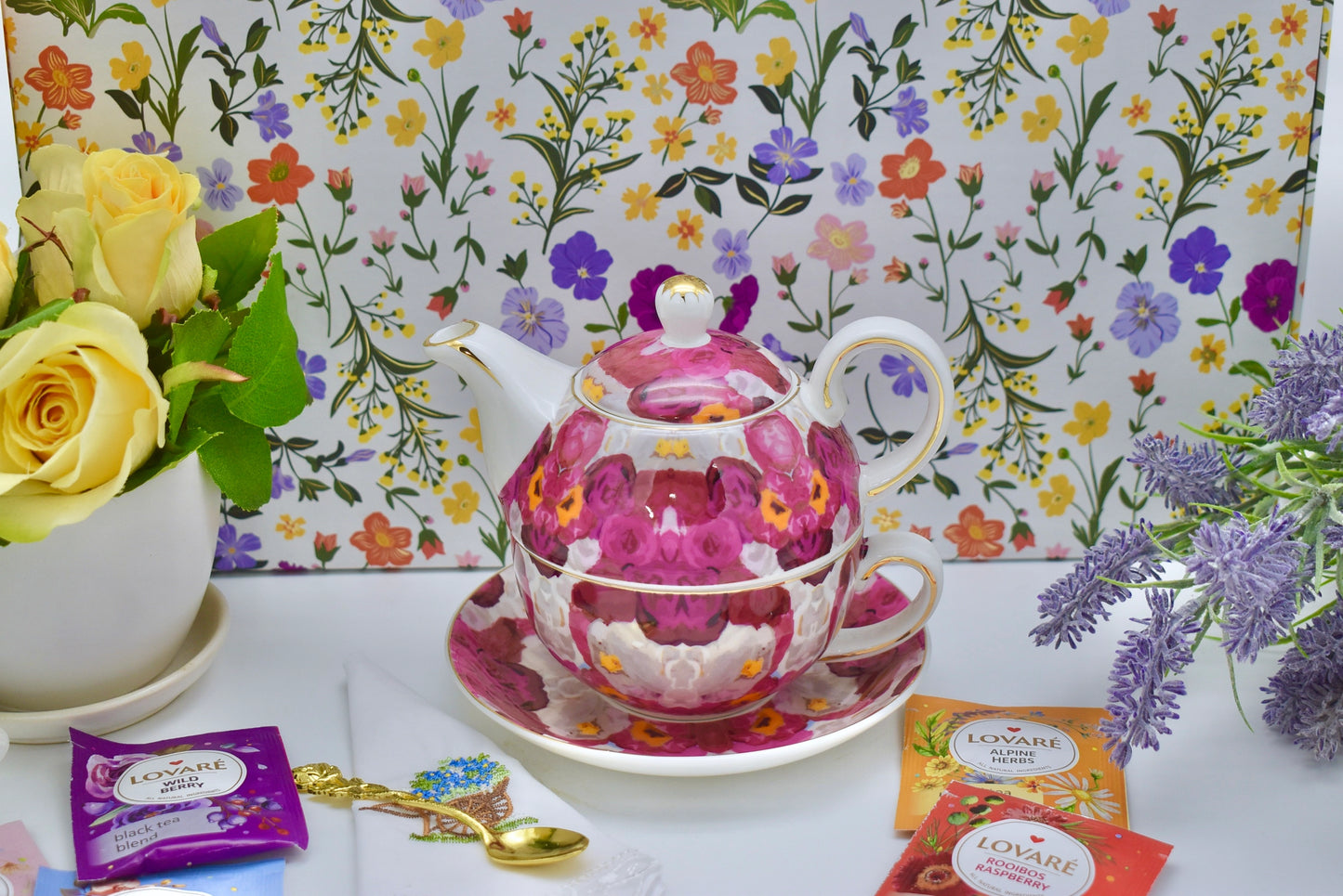 Burgundy Blooms Tea for One Gift Set