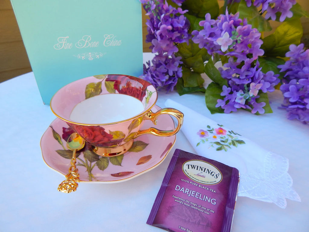Regency Roses on Pink Teacup and Saucer
