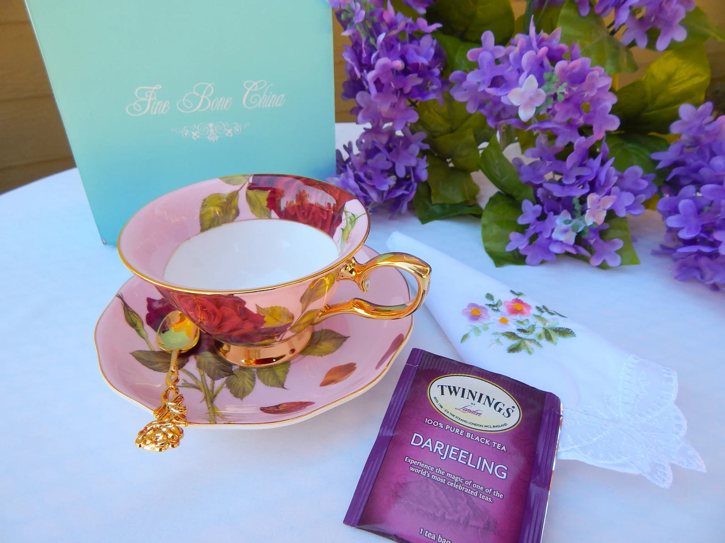 Pink and Gold with Red Roses Teacup and Saucer