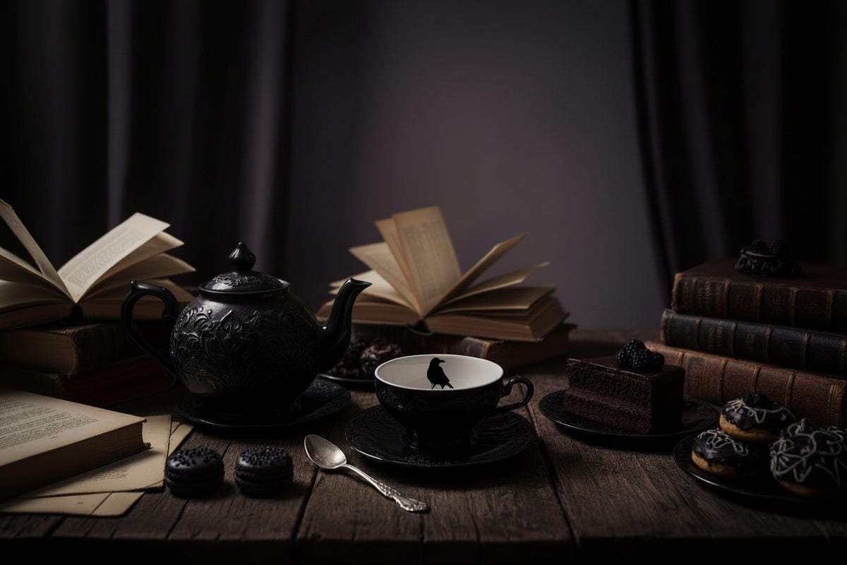 Black teacup and saucer set with a crow silhouette on the cup, placed on a wooden surface.