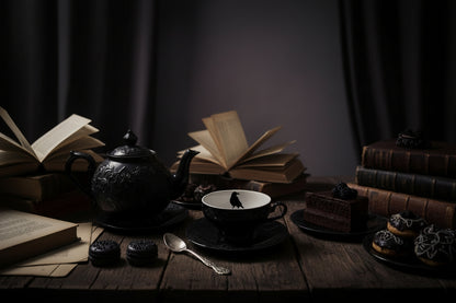 Black teacup and saucer set with a crow silhouette on the cup, placed on a wooden surface.