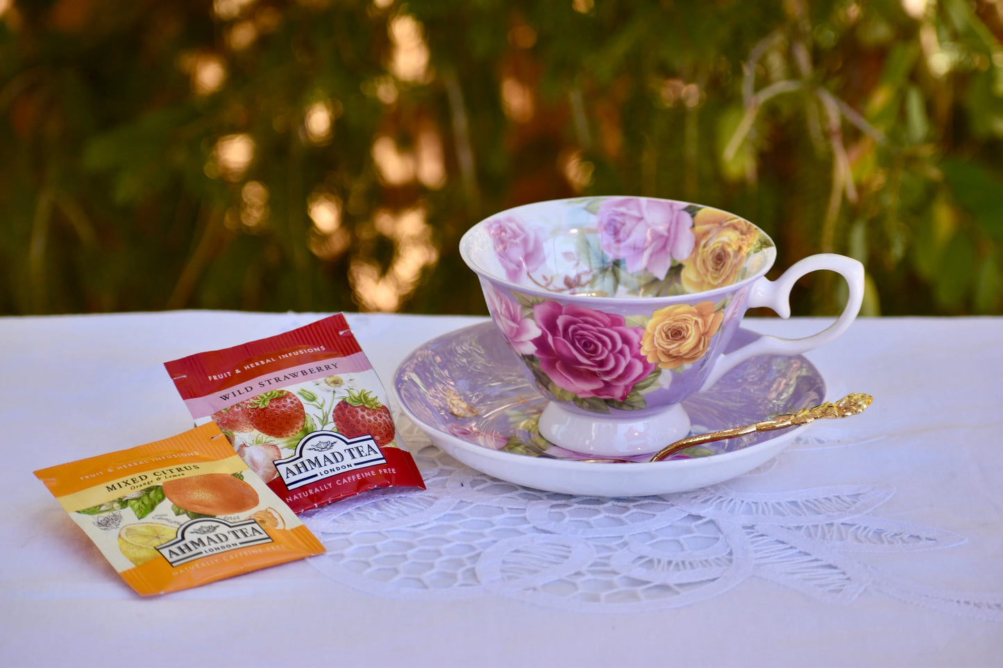 Roses in Bloom on Lavender Teacup Gift Set