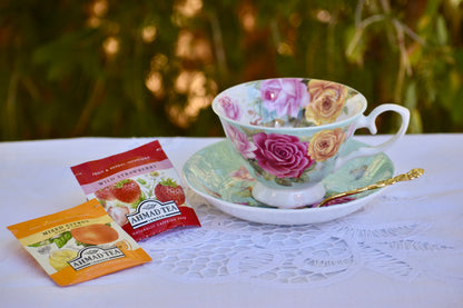 Roses in Bloom on Mint Green Teacup Gift Set