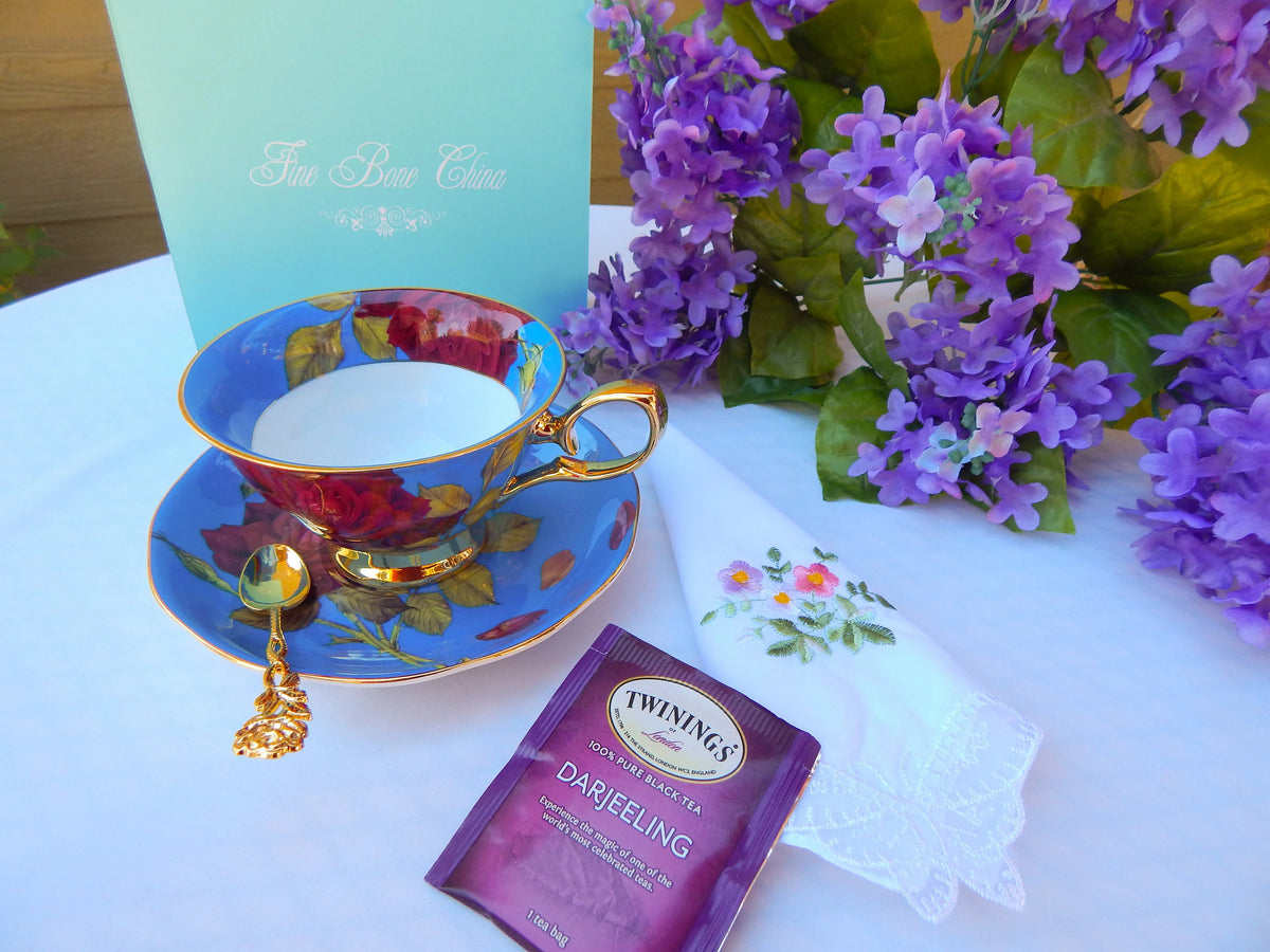Regency Roses on Blue Teacup Gift Set