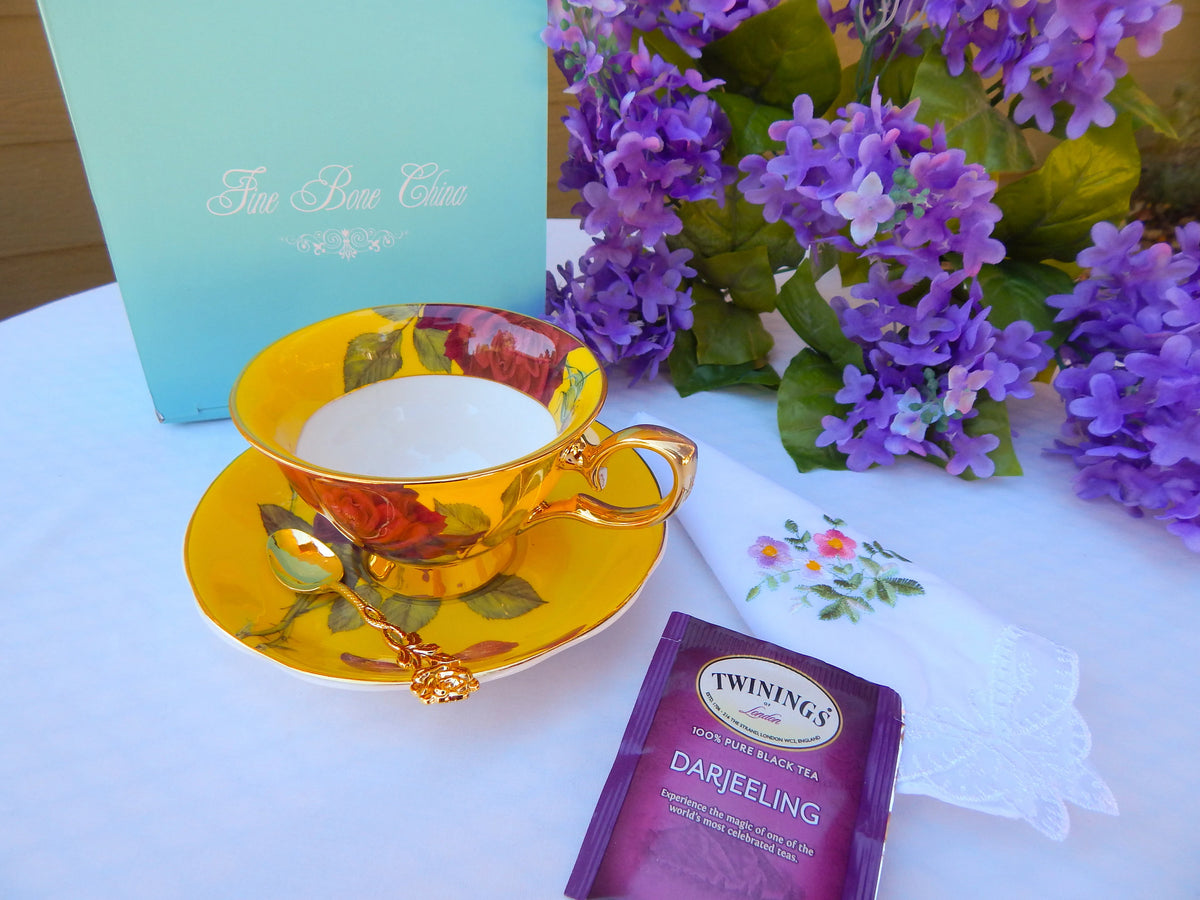 Regency Roses on Yellow Teacup and Saucer