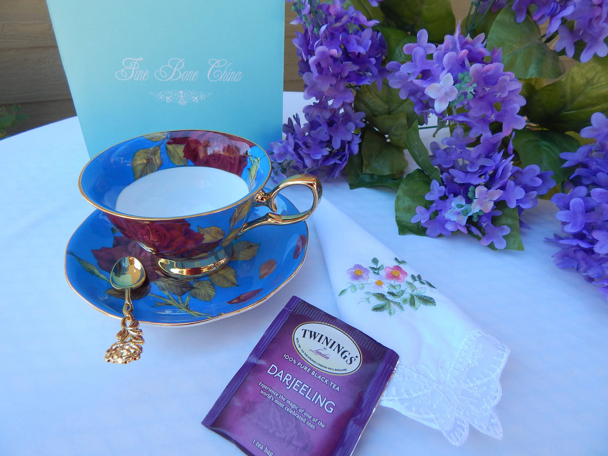 Regency Roses on Blue Teacup Gift Set