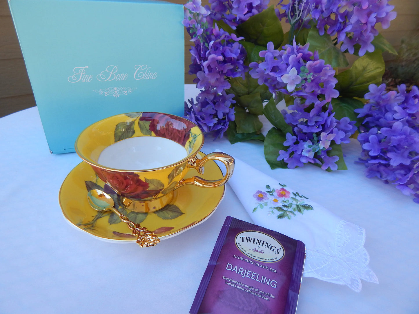 Regency Roses on Yellow Teacup and Saucer