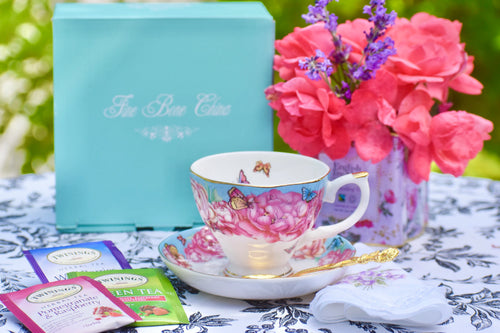 Turquoise Magenta Peonies Flowers Butterflies Teacup Gift Set