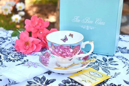 Turquoise Magenta Peonies Flowers Butterflies Teacup Gift Set