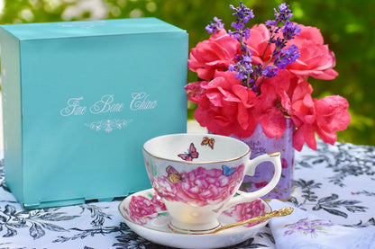 White Magenta Peonies Flowers Butterflies Teacup Gift Set