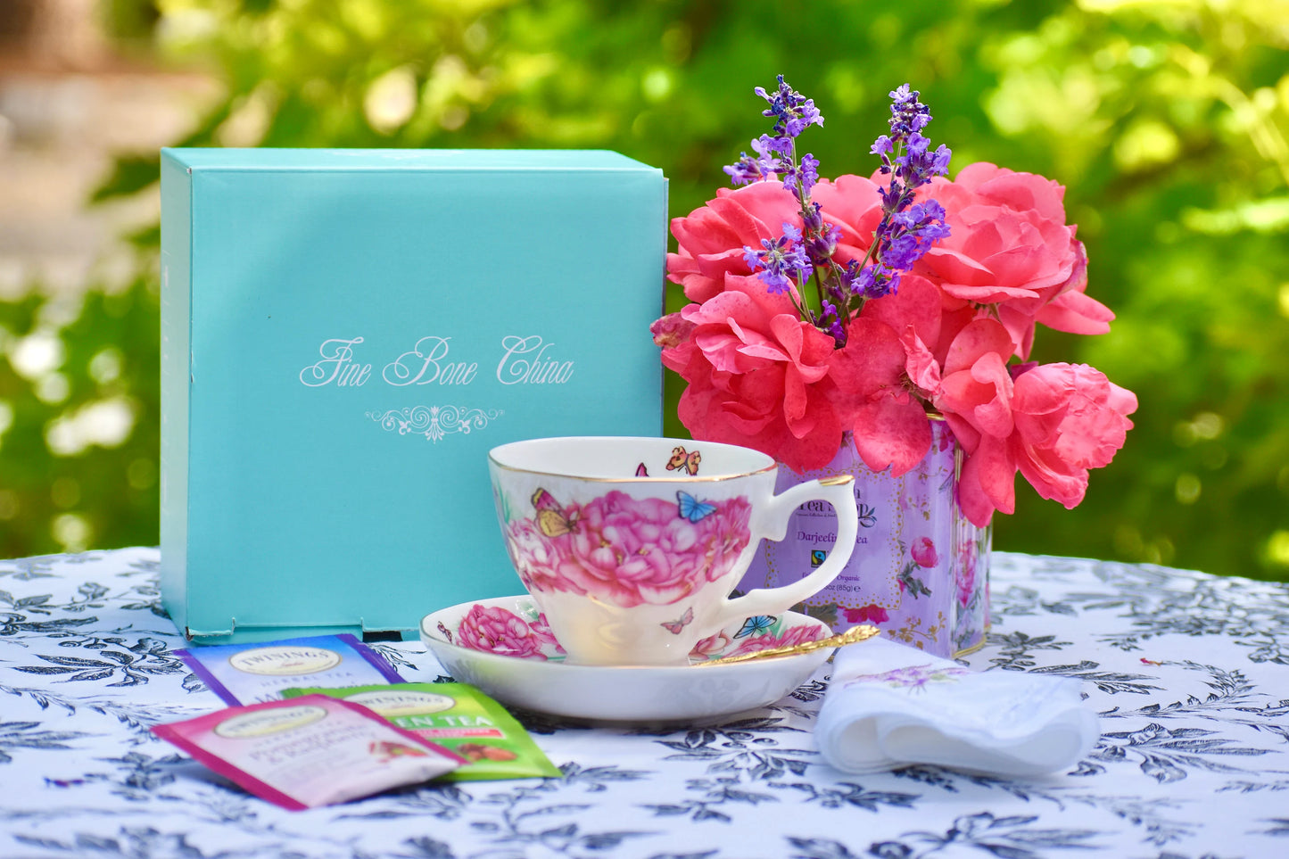 White Magenta Peonies Flowers Butterflies Teacup Gift Set