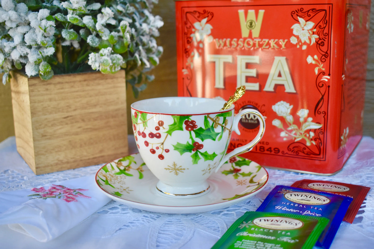 Holly Berries and Poinsettias Teacup and Saucer