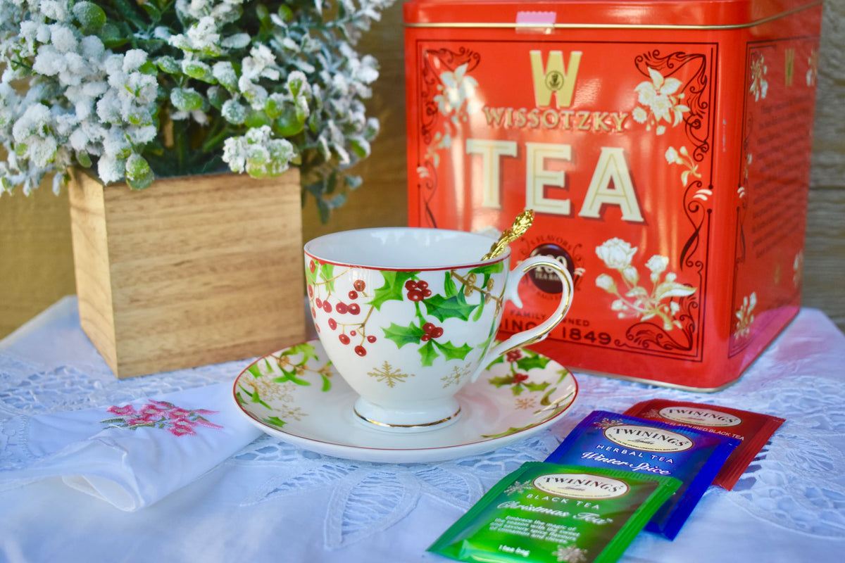 Holly Berries and Poinsettias Teacup and Saucer