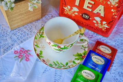 Holly Berries and Poinsettias Teacup and Saucer